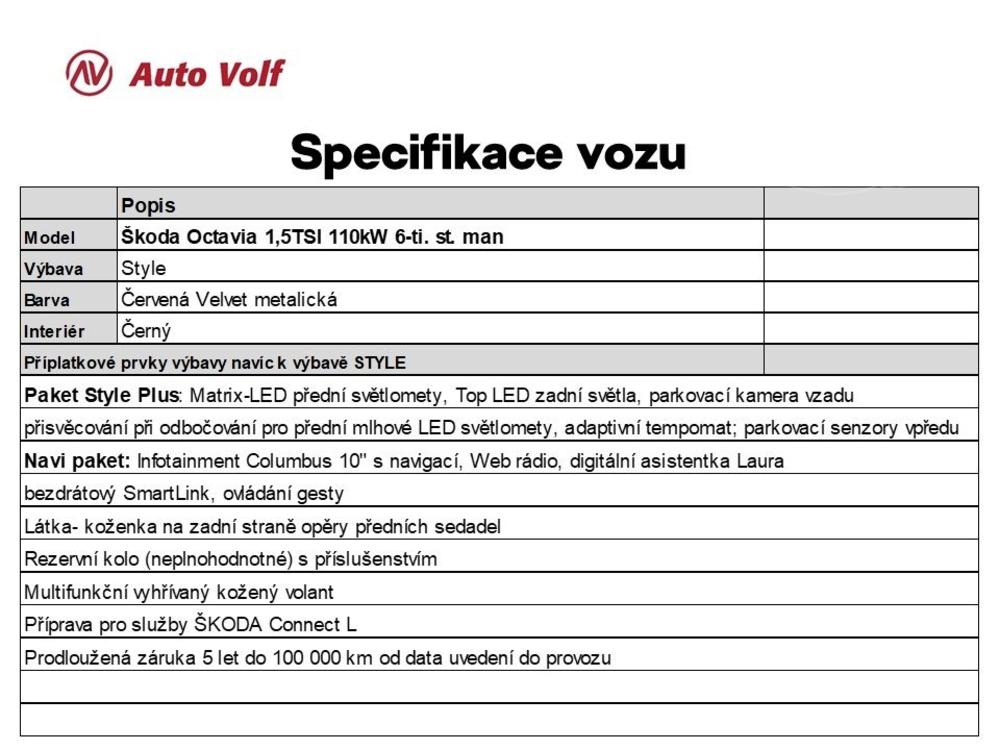 koda Octavia Style Plus 1,5TSI 110kW M6F