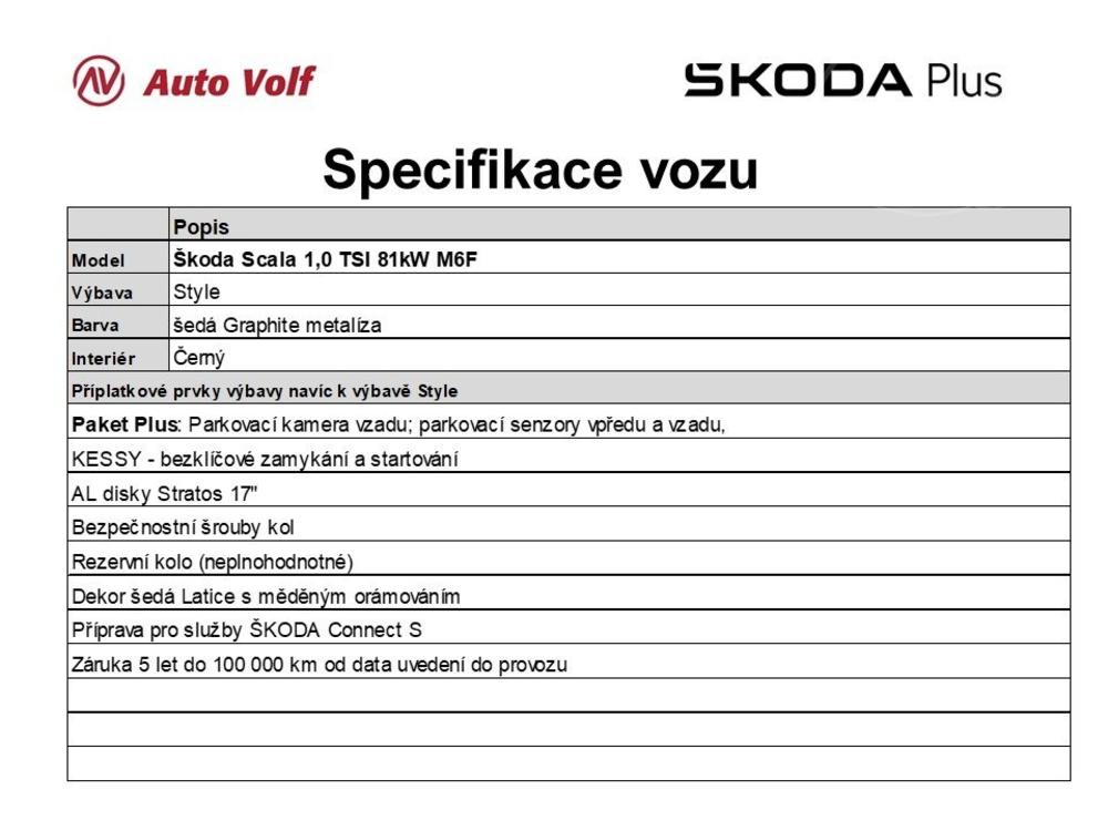 koda Scala Style Plus 1,0TSI 81kW M6F