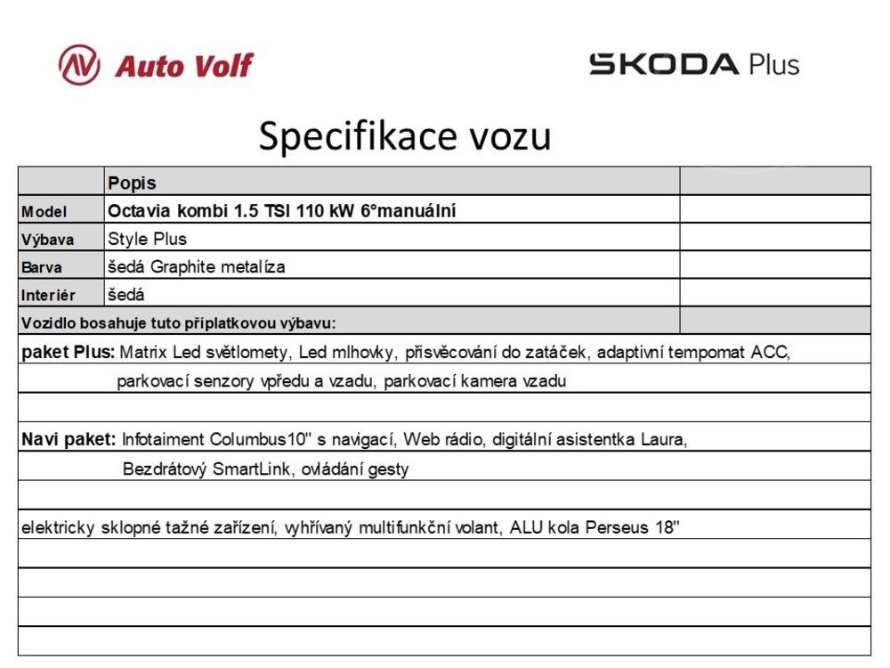 koda Octavia kombi style Plus 1.5 TSI 110 k