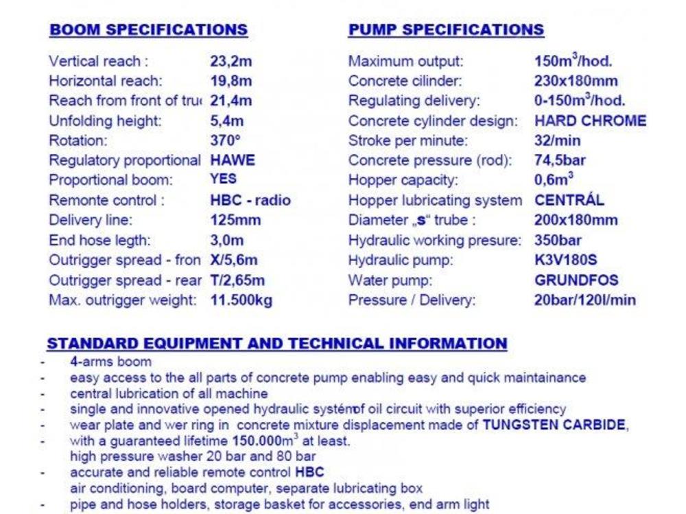 MAN  23 m beton pumpa 150m3/h 125mm